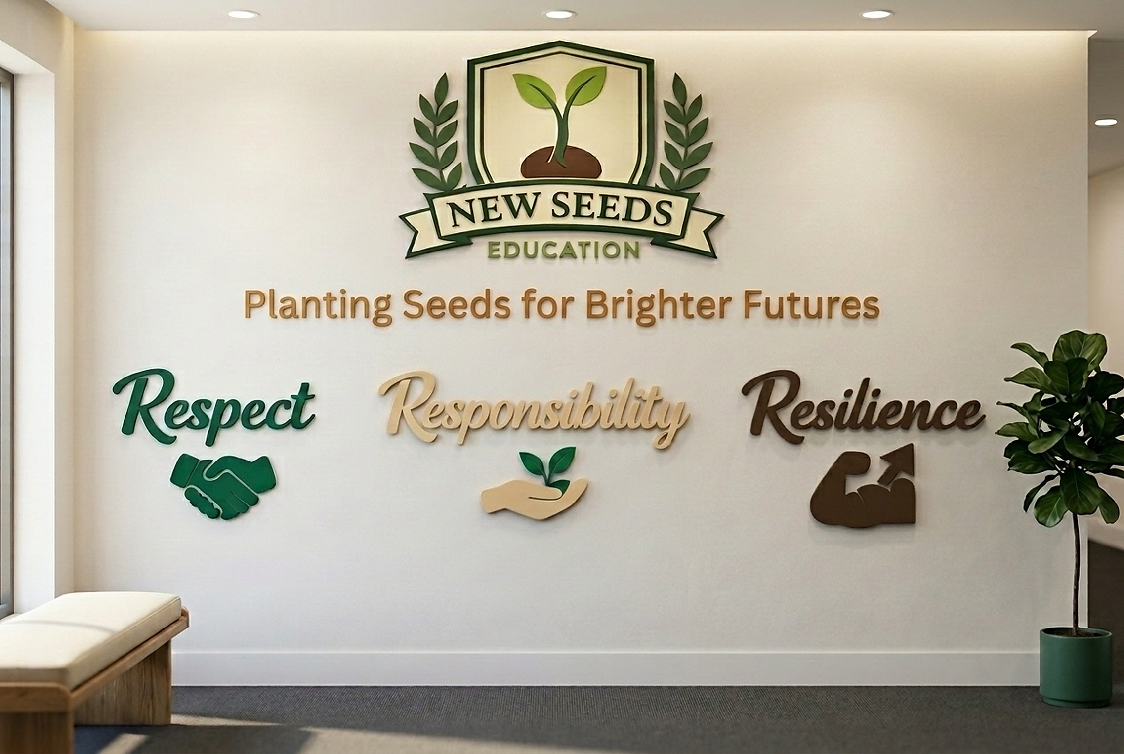 New Seeds Education — Planting Seeds for Brighter Futures: Respect, Responsibility, Resilience values wall